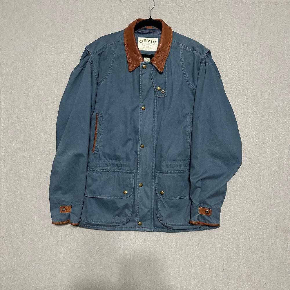 Orvis Sporting Traditions Mens Blue Canvas Field Jacket Leather Trim Size M